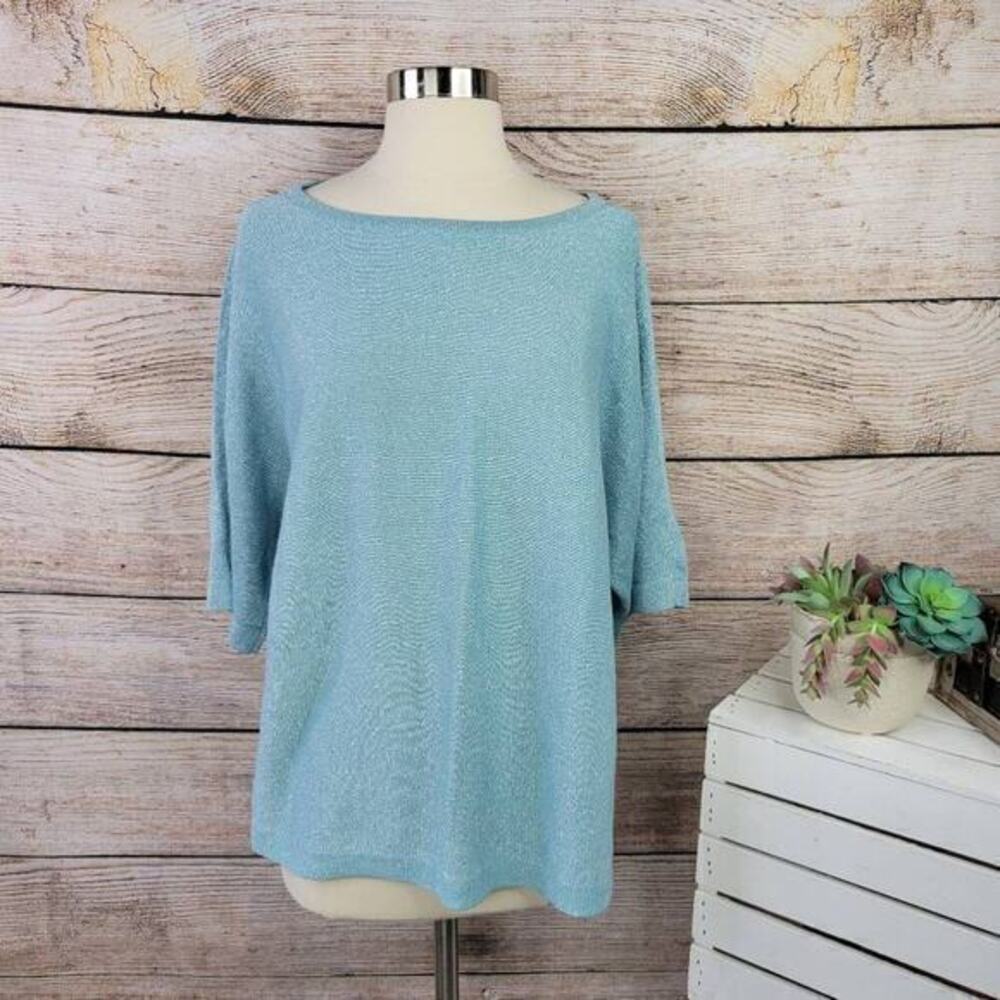 Chico's Women's Shimmer Side-Ribbed Pullover Sweater Turquoise Size 2 Large‎